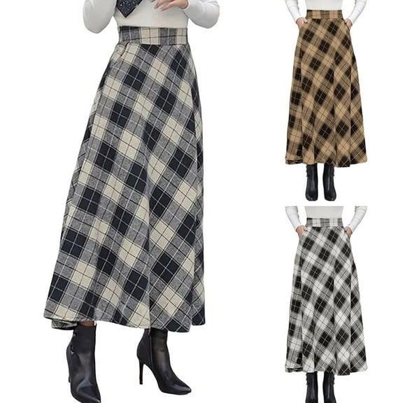 larppty Womens Plaid Skirts Elastic Waist A-Line Pleated Tartan Long Skirts（Brown，XL）