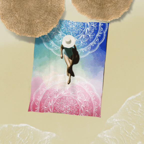 Sunlit 85" x 72" Blue and Pink Mandala Beach Blanket