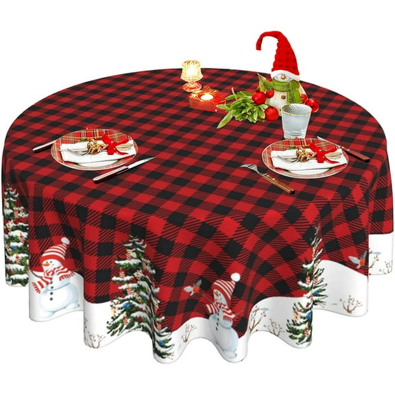 Christmas Tablecloth Red Black Buffalo Plaid Round Tablecloth 60 Inch Christmas Tree Snowman Tablecloth, Washable Waterproof Polyester Fabric Table Cloth Cover for Outdoor Kitchen Holiday Party Decor