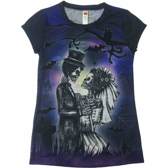 Junior Womens Black & White Skeleton Halloween Tee Shirt Spooky Wedding T-Shirt