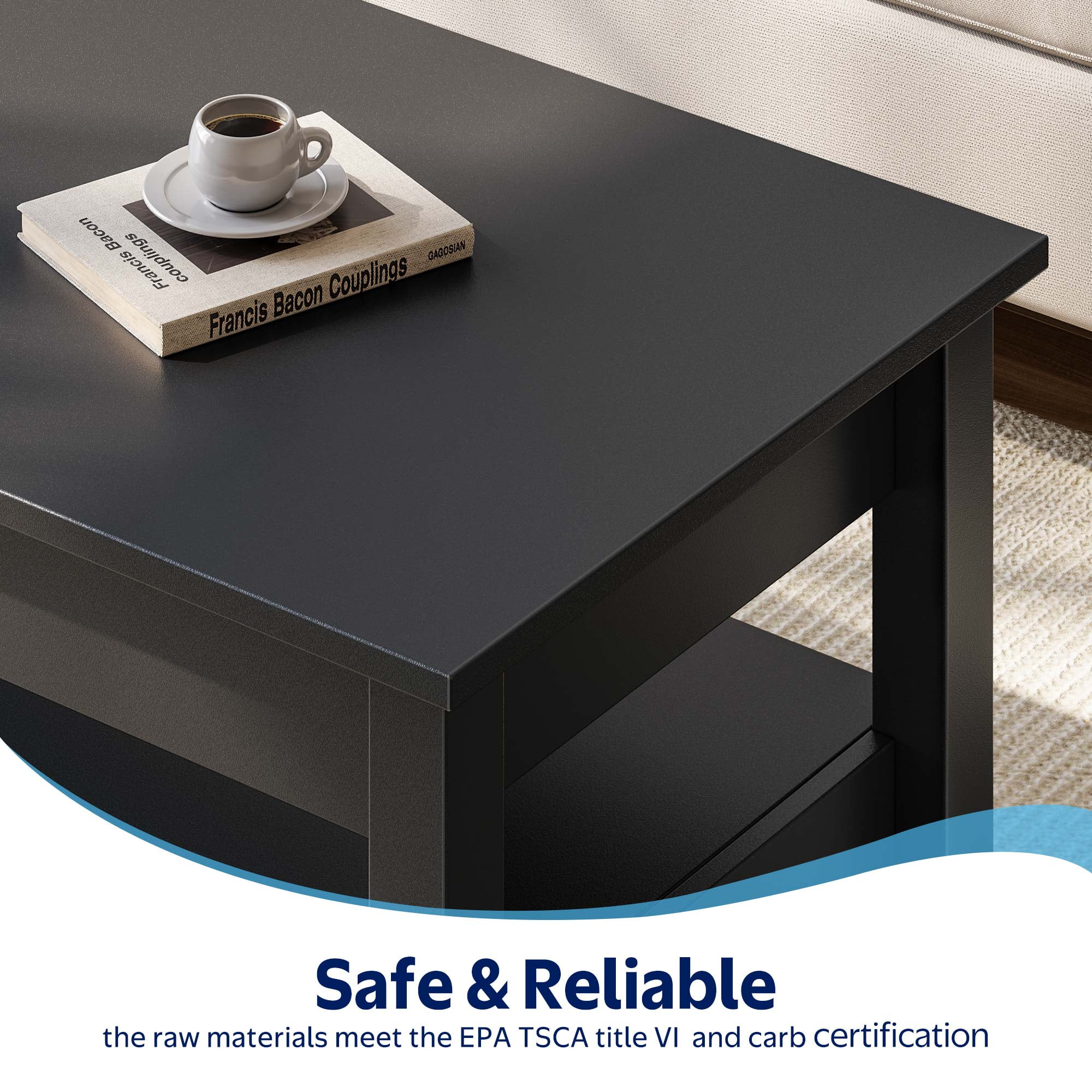 Greenstell Lift-Top Storage Coffee Table - Modern Style with 2 Drawers, Hidden Compartment & Wooden Lift Tabletop - Black - 37"