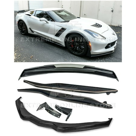 For 2014-2019 Corvette C7 | Z06 Stage 3 CARBON FIBER Front Lip Splitter Side Extension Winglets Side Skirts Rocker Panel & Painted Carbon Flash Rear Wing Light Tinted Wickerbill Spoiler