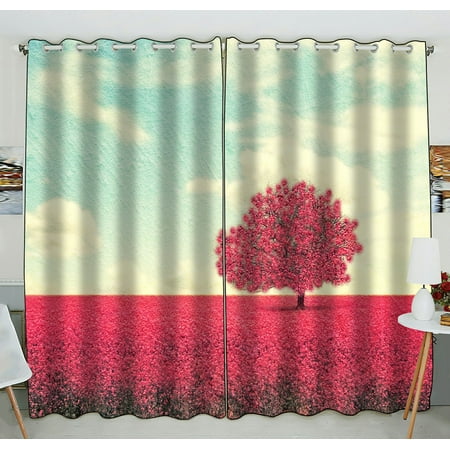 Pretty Blackout Curtains PHFZK Landscape Window Curtain, Beautiful Tree in a Pretty Field Window Curtain Blackout Curtain For Bedroom living Room Kitchen Room 52x84 inches Two Piece ()