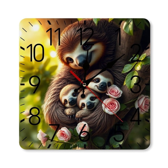 RKSupls 10×10inch Square Silent Wall Clock Wooden Frame, Sloth Roses Cute Scale Decorative Clock for Home Bedroom Living Room Office