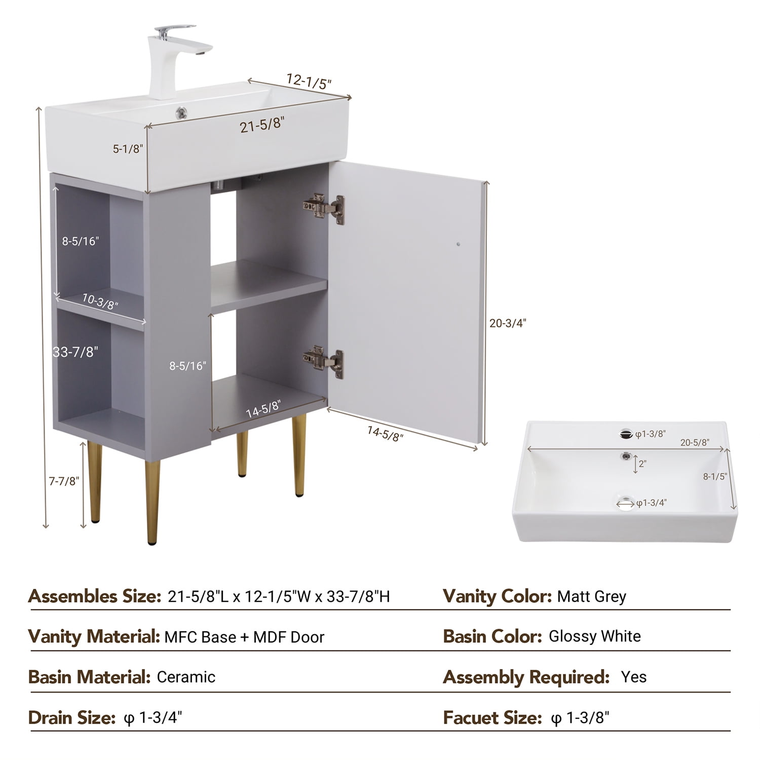 Demi Bonn 21" Bathroom Vanity with Ceramic Sink and Soft-Closing Door, Cloakroom Open Shelf Storage Cabinet on the Left Side, Faucets and Drains Not Included, Gray