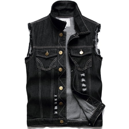 Ginsiom Mens Denim Vest Sleeveless Slim Fit Ripped Retro Jean Vest Jacket