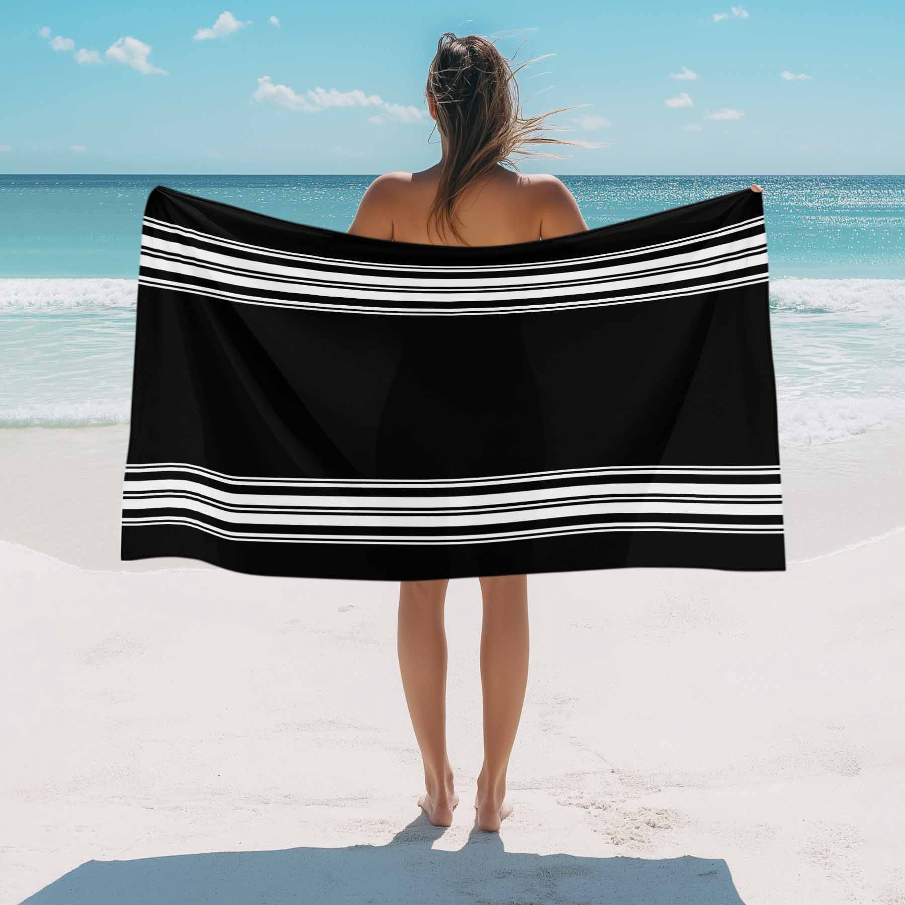 Beach Towel Black Striped Bath Pool Towels Black White Stripes Absorbent Beach Towel Soft Large Quick Dry Lightweight Camping Travel Sports Yoga Gym Swim Towels for Adult 35x70 Inch