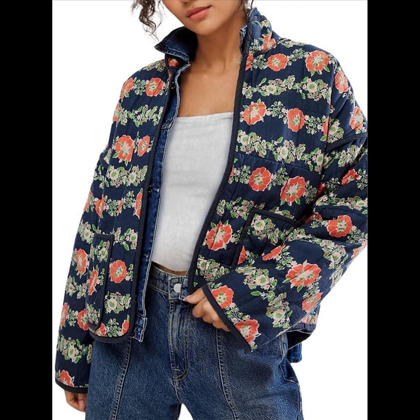 Chaqueta Acolchada Corta con Estampado Floral Vintage para Mujer, Chaqueta Corta Abierta Al Frente, Ropa de Abrigo Flores Azul Oscuro M