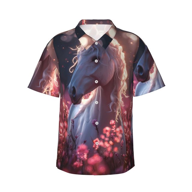 Balery Flower White Horse Camisas hawaianas de manga corta para hombre, camisas playeras de corte holgado, camisas de vacaciones con botones,X-Large