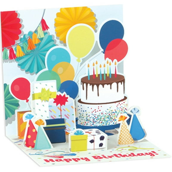 Up With Paper Party Cake, Balloons and Gifts 3-Inch Mini 3D Pop-Up Birthday Card