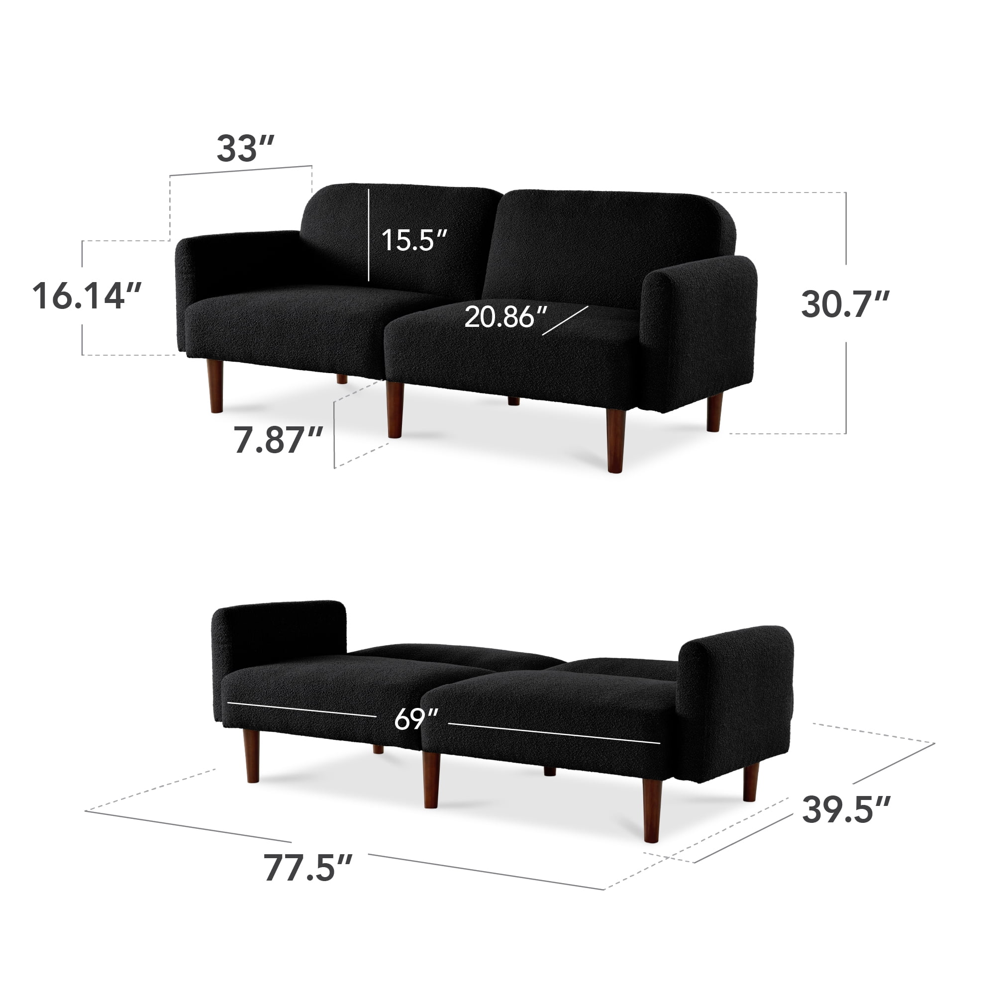 Best Choice Products Curved Convertible Futon, Boucle Fabric Split-Back Sleeper Bed - Midnight Black