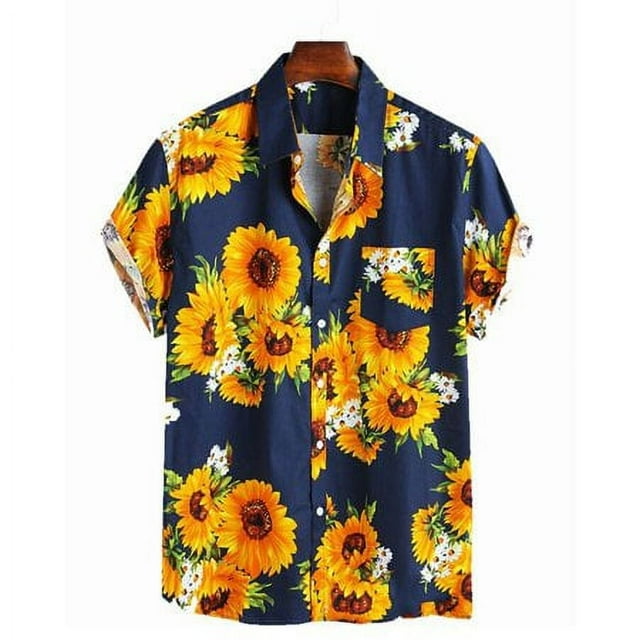 ALSLIAO - Camiseta hawaiana retro de girasoles para hombre, manga corta, informal, holgada, color azul, talla 2XL
