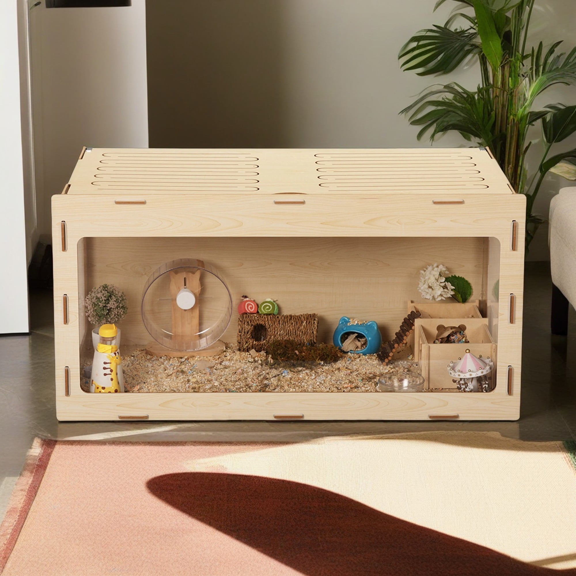 Kadyn 31" Wood Hamster Cage for Indoor, Acrylic Hutch for Dwarf Hamster, Guinea Pig, Chinchilla, Beige