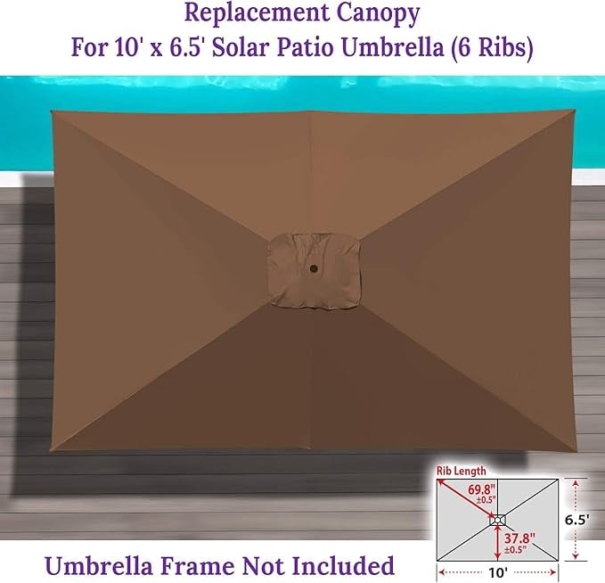 SOLAXO 6-Rib 10'x6.5' Solar Patio Umbrella Replacement Canopy cover for Outdoor