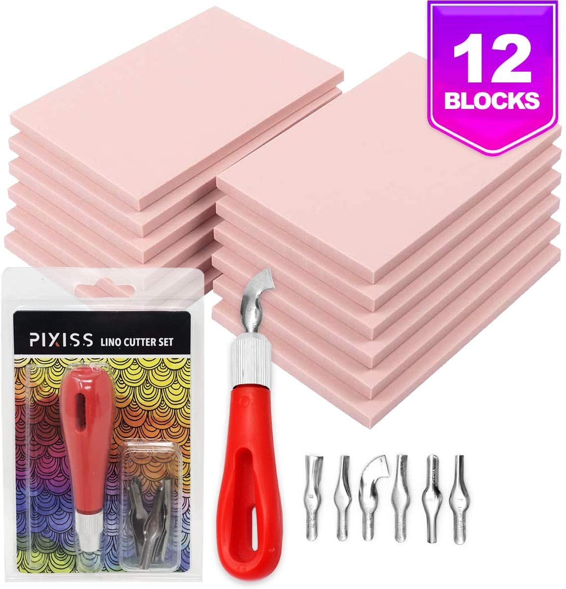 Rubber Block Stamp Carving Blocks Stamp Making Kit with Cutter Tools,  12-Pack Carving Rubber Stamps for Printmaking, Printing and More. 
