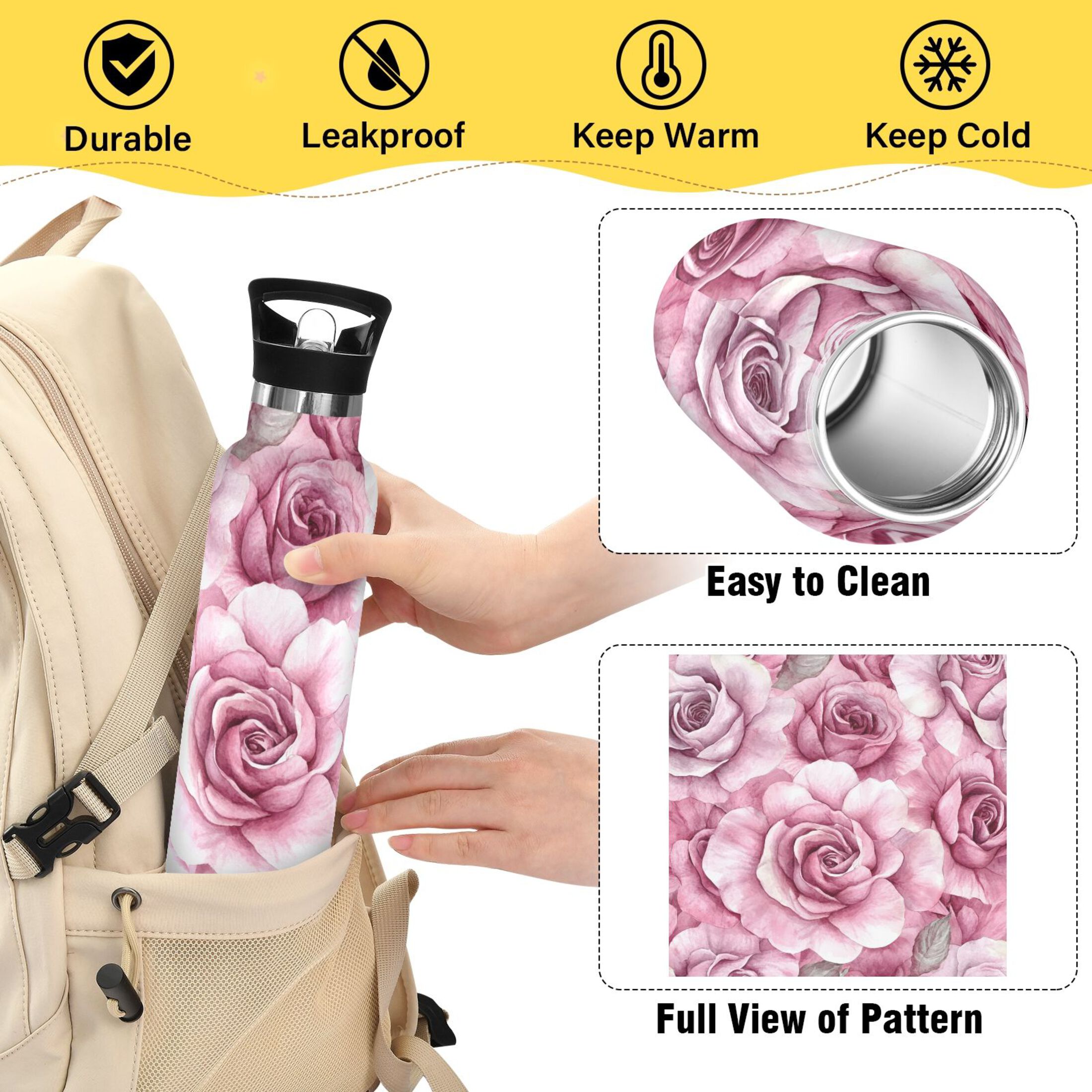 600ML Stainless Steel Insulated Cup Sports Water Bottle Portable Thermos Cup Water Glasses Insulated Tumblers Convenient and Durable Charming Roses