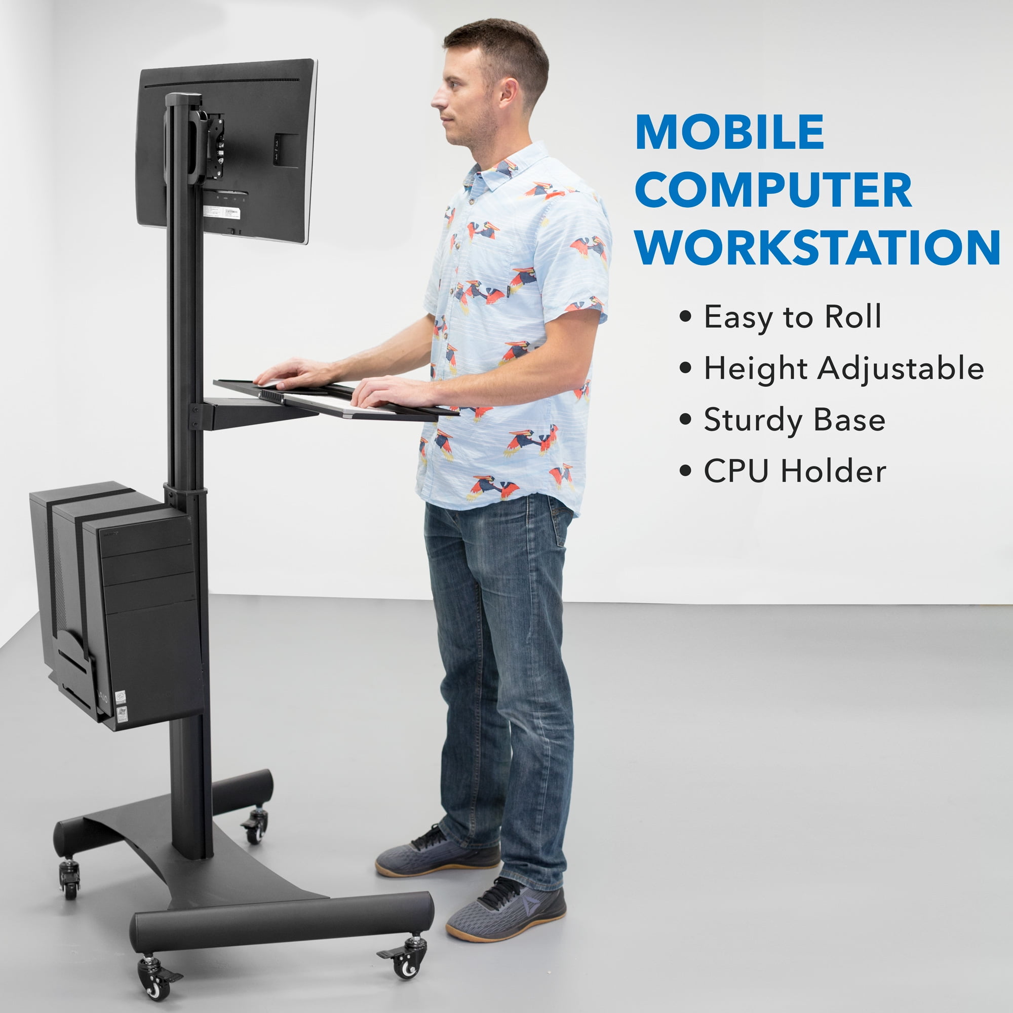 Mount-It! Mobile Standing with Adjustable Keyboard Tray and CPU Holder | Fits 13"-32" Monitors