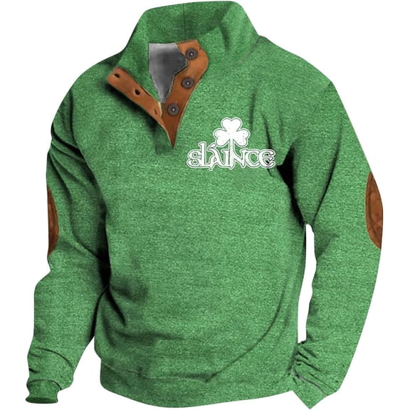 YATELLE Shirts for Men Green Button Neck Sweatshirts Long Sleeve Pullovers Irish Flag Shamrock Loose Tops