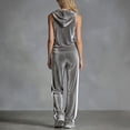 thumbnail image 5 of KIHOUT Women's 2 Piece Velour Tracksuit Sleeveless Hooded Cowl Neck Top and High Waist Drawstring Wide Leg Pants Casual Loungewear Set, 5 of 6