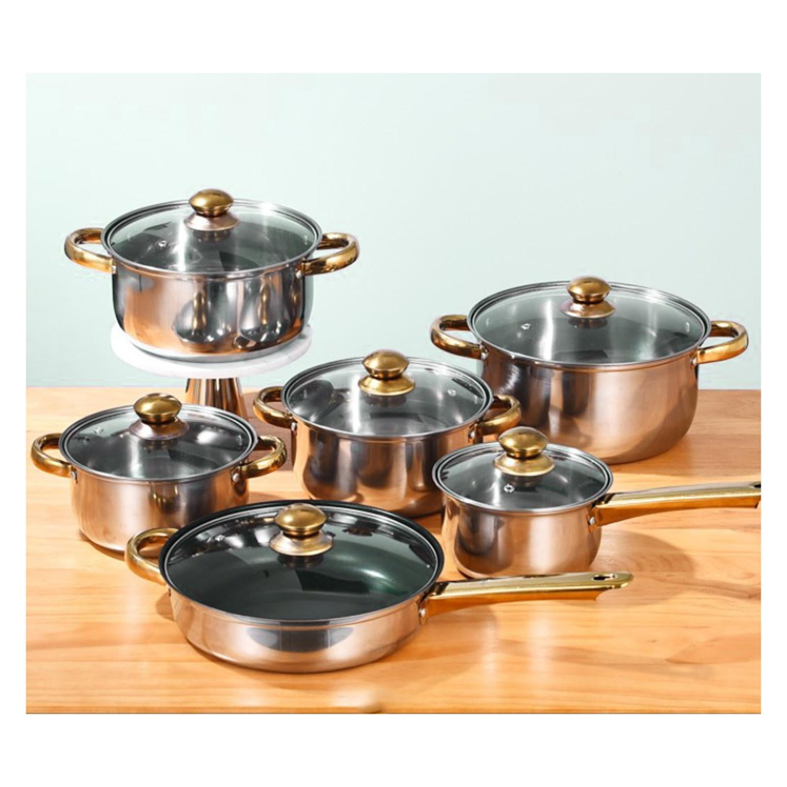 Nishiyuenyi 6x Pots and Pans Set Soup Pot with Glass Lid Nonstick Pan Cookware Set Stainless Pans with soup pot