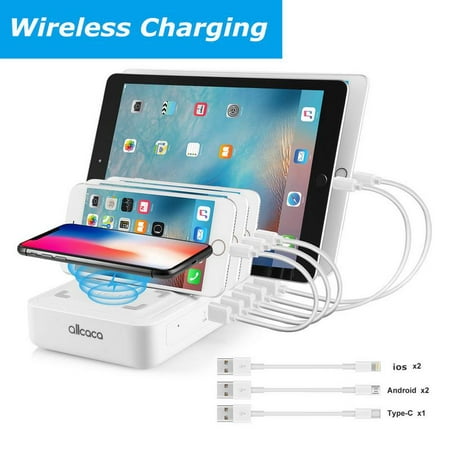 ALLCACA Wireless Charging Station 5-Port USB Charging Station Dock Desktop with 1 Wireless Charging Pad 40W Fast Charger Stand Organizer for iOS Android and Type-C Phones, (Best Android Charging Dock)