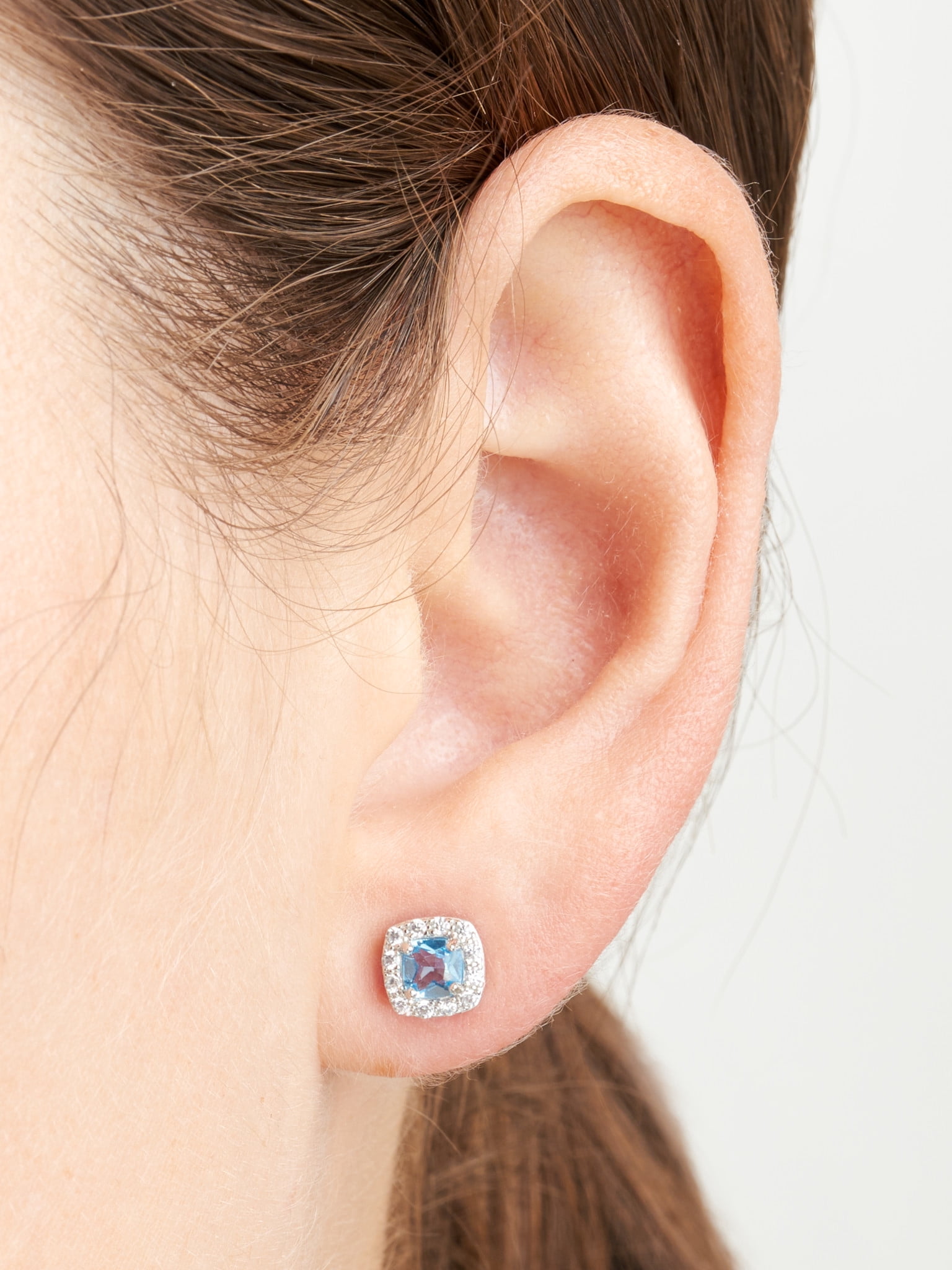 Forever Facets Women's Platinum over Sterling Silver Genuine Swiss Blue Topaz and CZ Stud Earrings
