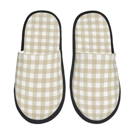 

House Slippers for Women and Men White Beige Twill Stripe Plaid Comfy Fuzzy Bedroom Slippers Furry Home Shoes for Indoor Outdoor