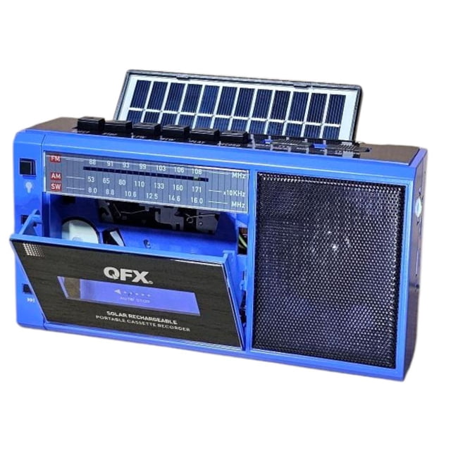 QFX J-200BT Mini Radio Casetera Portátil Recargable con Panel Solar: 3 Bandas de Radio, Bluetooth, USB/TF, Phones, Lampara