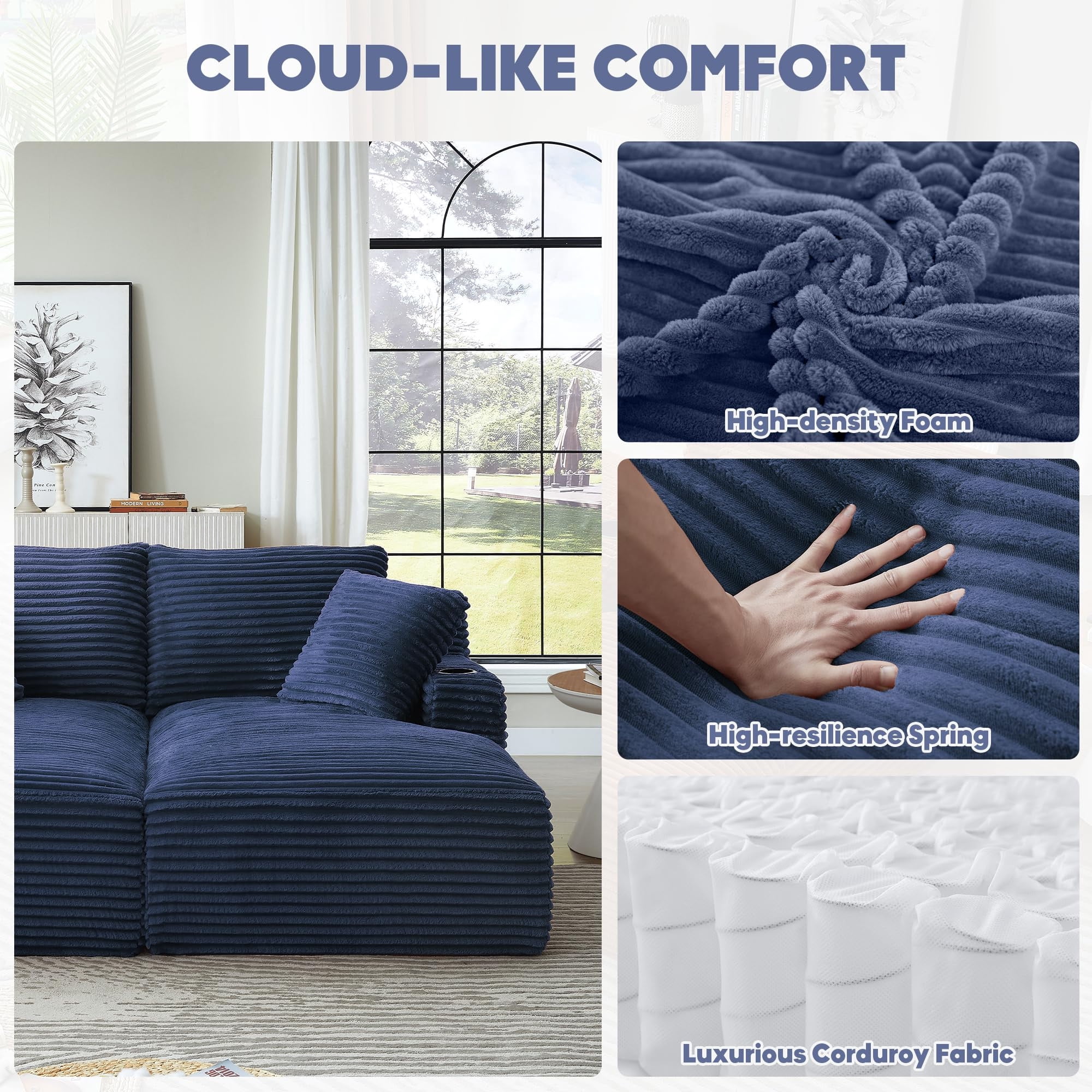Aukfa Oversized Double Chaise Lounge Modular Boneless Couch for Living Room, 2 Cup Holders, 4 Pillows, Corduroy, Blue