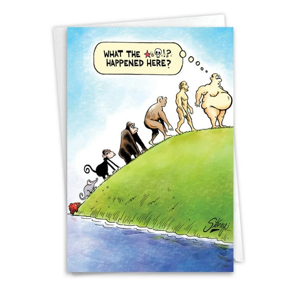 Funny Father's Day Greeting Card with 5 x 7 Inch Envelope (1 Card) Dad What Happened Here - Evolution Illustration