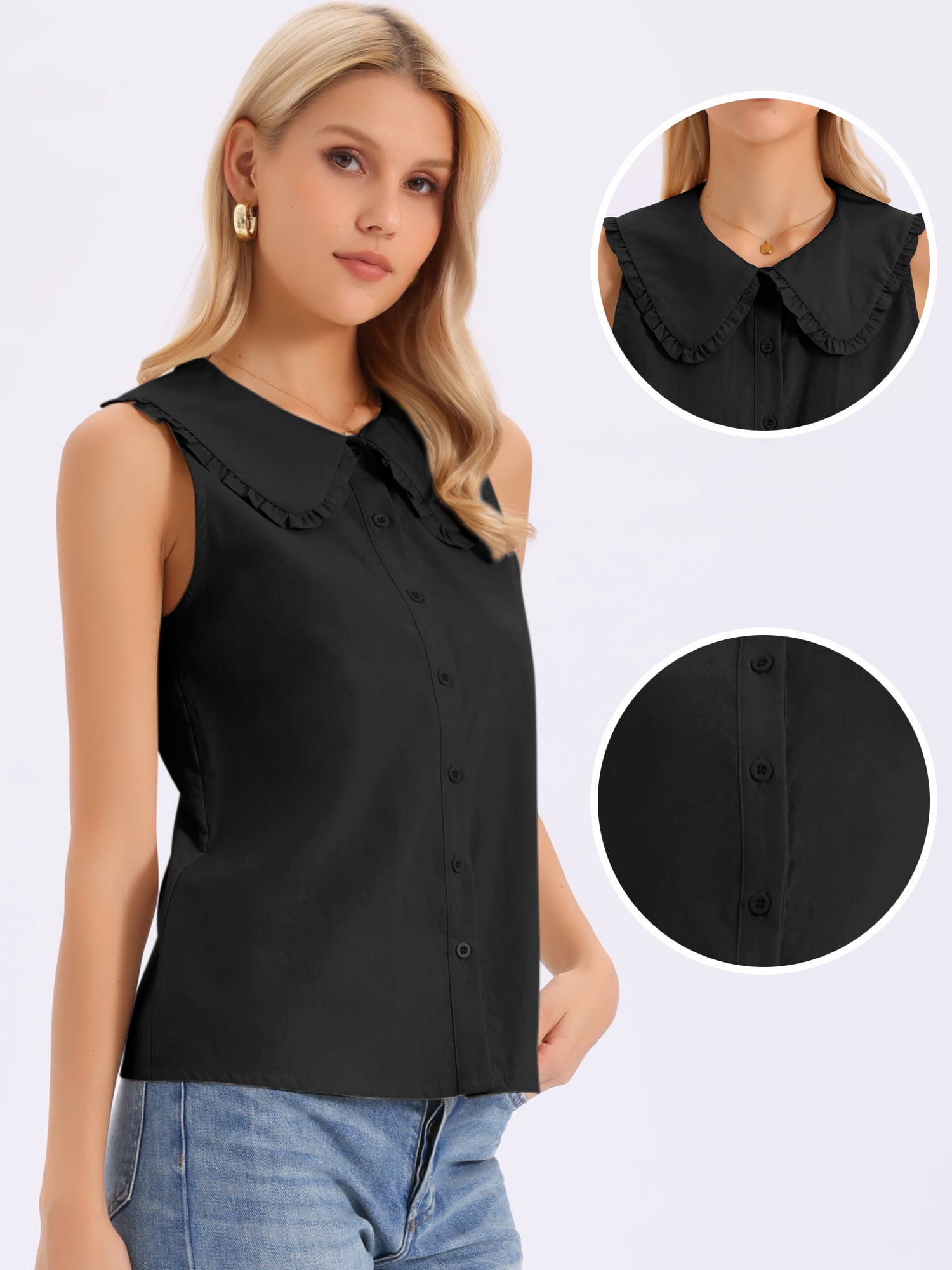 DARING DIVA Women's Button-Down Peter Pan Collar Tank Tops S Black