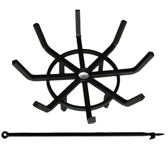 Americangaslogs 18 inch Heavy Duty Wrought Iron Fireplace Grate with Poker, Round Wagon Wheel Design Fire Pit Wood Burning Rack for Indoor or Outdoor Use