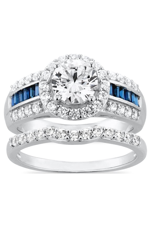 Simulated Diamond with Created Sapphire Accent Bridal Engagement Ring Set