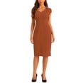 thumbnail image 2 of Vestido Vintage Sheath Inspire Chic para Mujer con Cuello en V, Mangas Cortas, Vestido Lápiz con Abertura, Talla XS, Color Marrón, 2 of 6