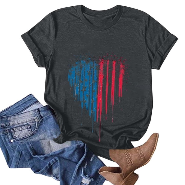Tops Cortos para las Mujeres Día de la Independencia Impreso Cuello de la Tripulación Tee, Casual Y Elegante Cuello Redondo Tops para las Mujeres
