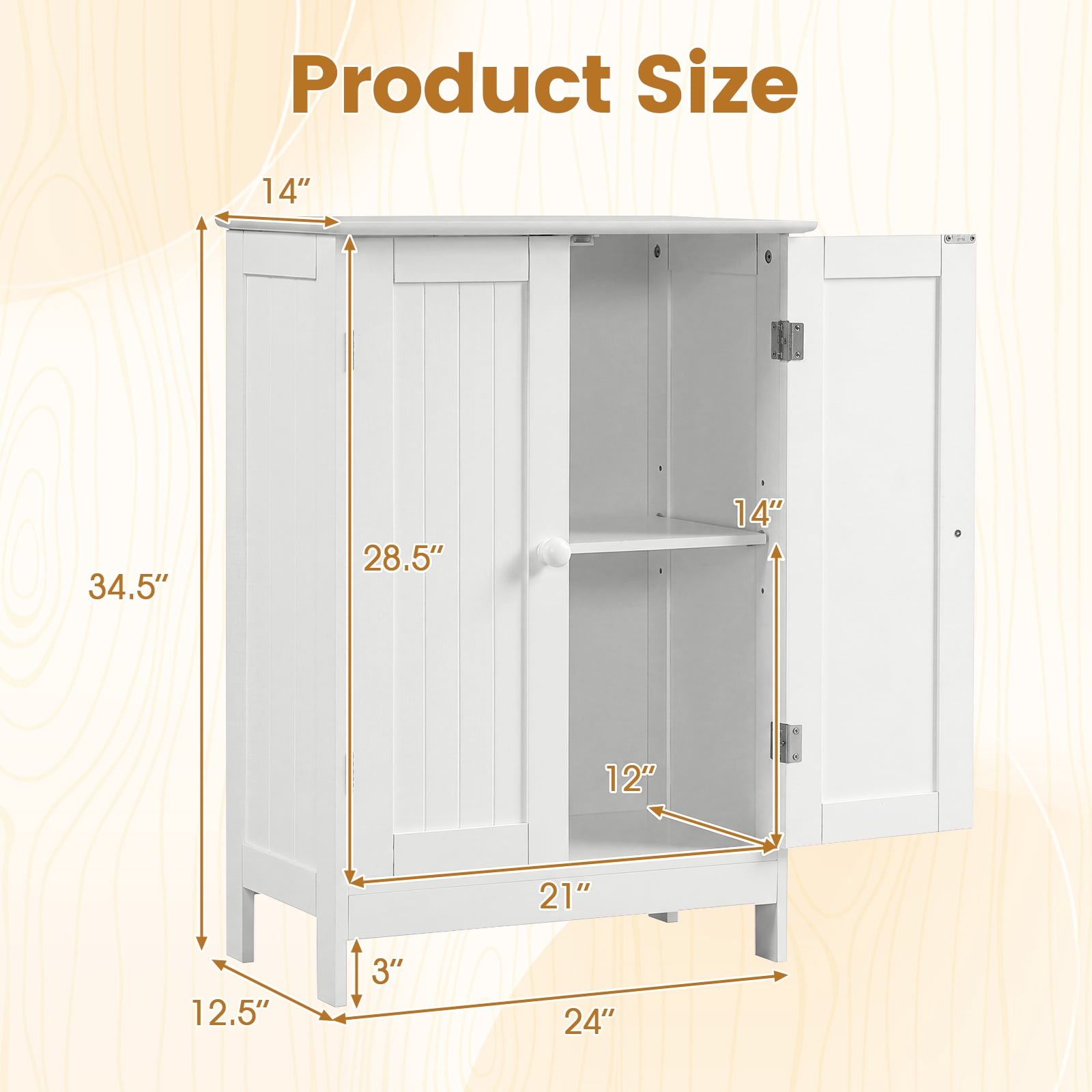 Gymax Bathroom Storage Cabinet Freestanding Wooden Floor Cabinet w/ Double Doors White