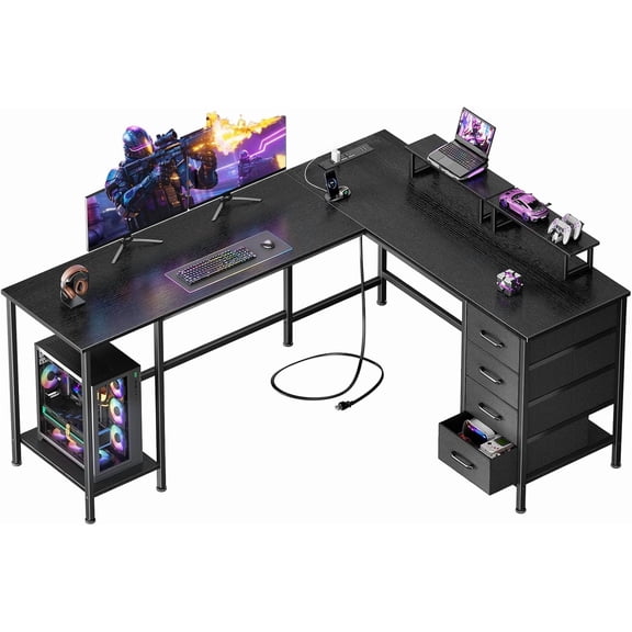 59 inch L Shaped Computer Desk with Power Outlets, Home Office Desk with 4 Adjustable Storage Drawers & 2 Monitor Stands, Two Person Gaming Table for Bedroom, Black