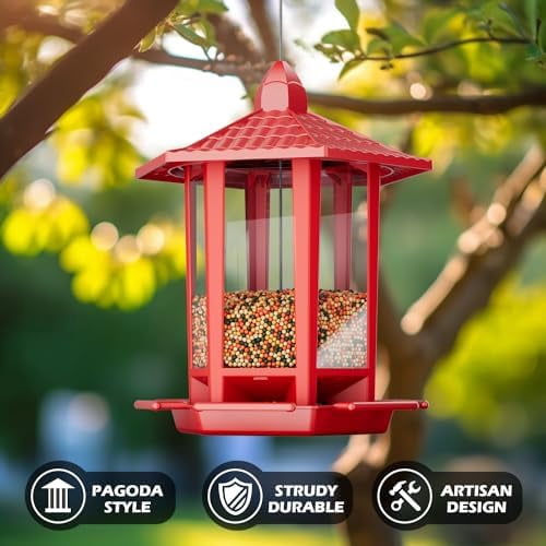 Bird Feeders for Outdoor Hanging, Fun Installation Pagoda Design Wild Birdfeeder, Attracting Wild Birds Sparrows Finch Cardinal Goldfinch Chickadee - Red