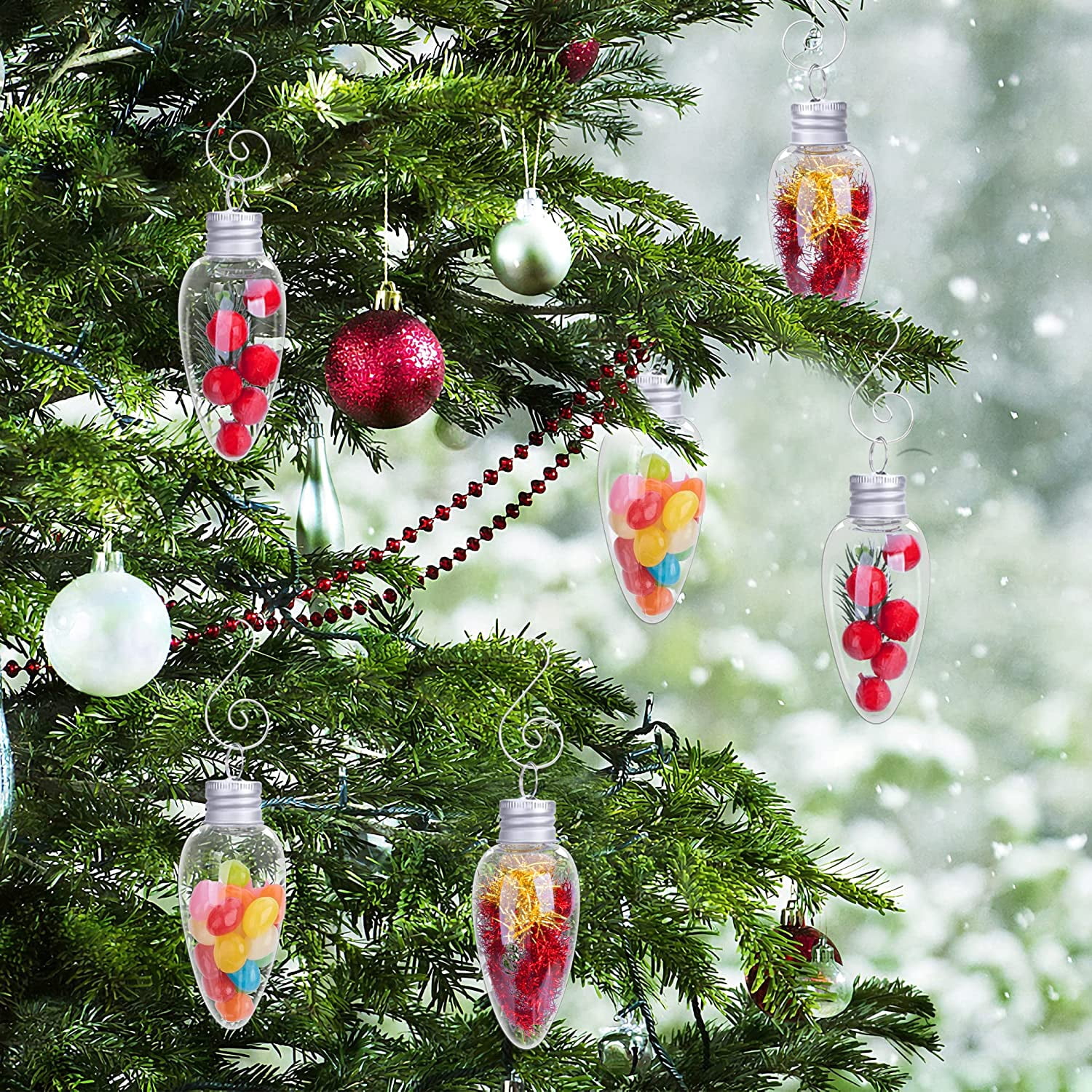 EBAOKUUP 24 PCS Christmas Booze Balls, Fillable Booze Tree Ornaments with S Hook, Light Bulb Ornaments for Crafts, Clear Plastic Xmas Decoration Boozes Ball for Xmas Home Party Decor