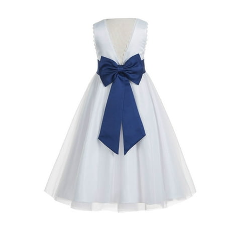 

White V-Back Lace Edge Junior Flower Girl Dress First Communion 183T