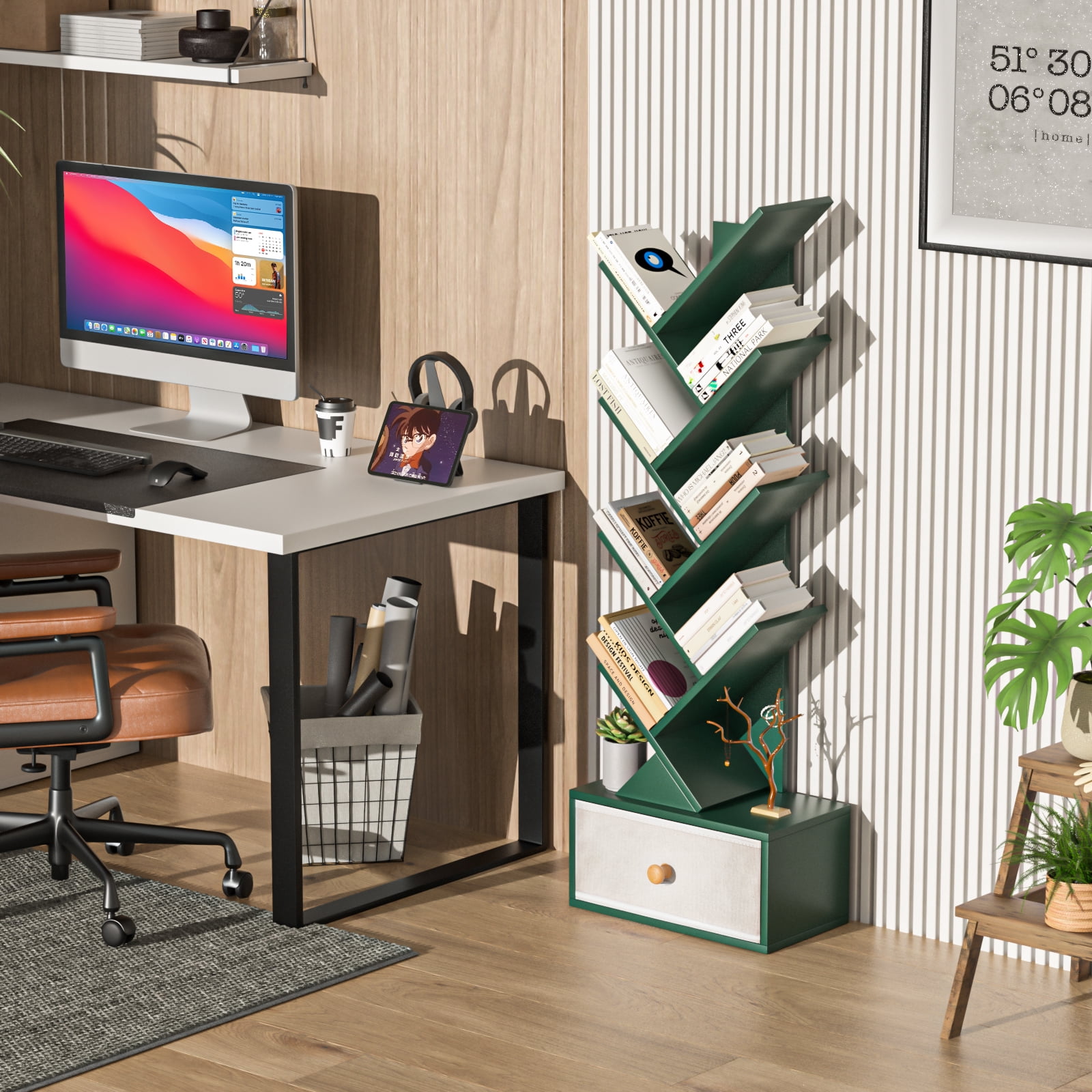 LELELINKY Floor Bookshelves,Tree Bookcase, 8-Tier Floor Standing Bookshelf for Living Room, Dark Green