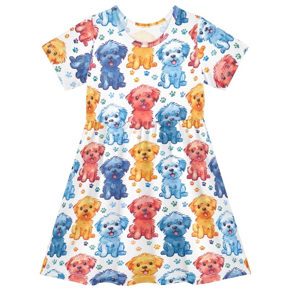 joogoo Dog Cartoon Girls' Short Sleeve Dress Kids Dresses 5-6T