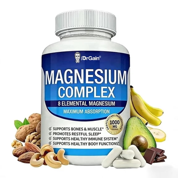 DrGain Magnesium Complex Supplement with 8 Elemental Magnesium Forms, Glycinate Citrate Malate Taurate & More, Supports Muscle Function, Bone Health and Daily Wellness, 120 Capsules