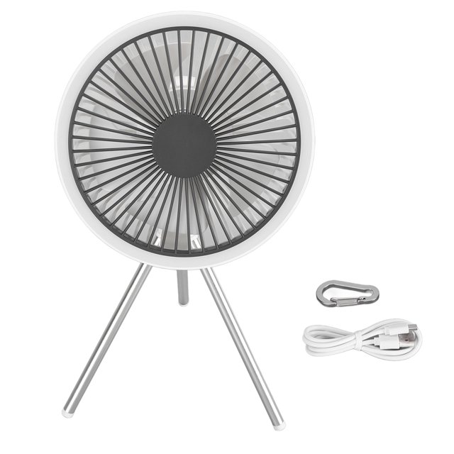 Ventilador de camping con luz de 3 niveles, batería recargable de 10000 mAh, ventilador de tienda de campaña de 3 velocidades con gancho, trípode, ventilador de mesa portátil, color blanco