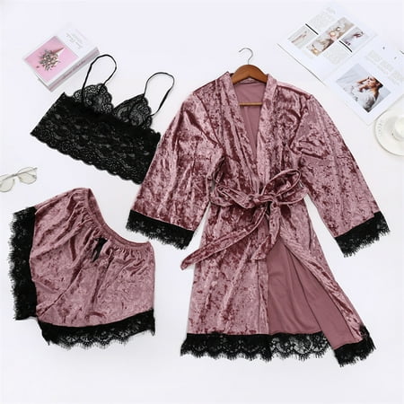 

FZM Women s Pajamas Lace Velvet Solid Color Lace Three-Piece Pajamas Nightdress Underwear Sleepwear