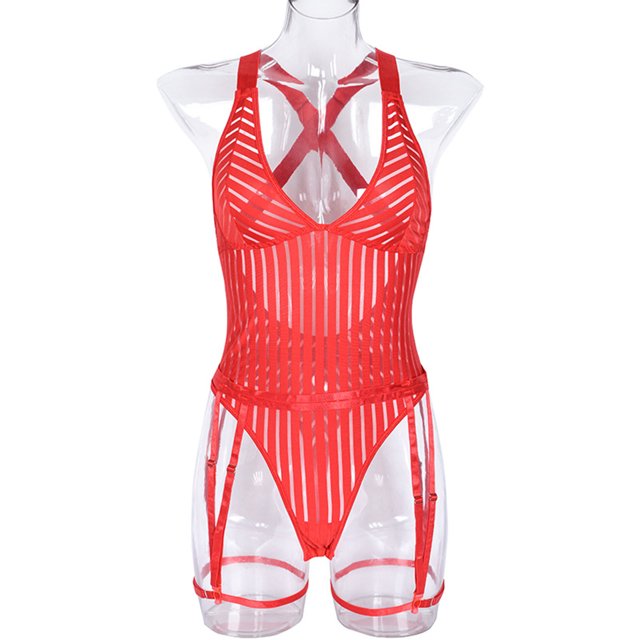 Body de una pieza con tiras, cuello en V profundo, copa triangular, tanga de cintura alta, ropa de dormir transparente, Rojo S