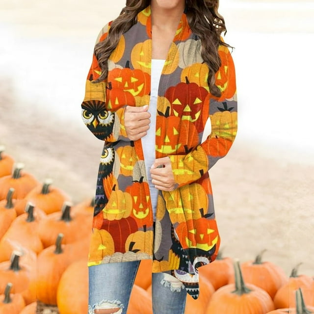 Women‘s Halloween Cardigan Sweater Skull Pumpkin Print Pattern Long Cardigans Sweater Coats Tops Ginger M
