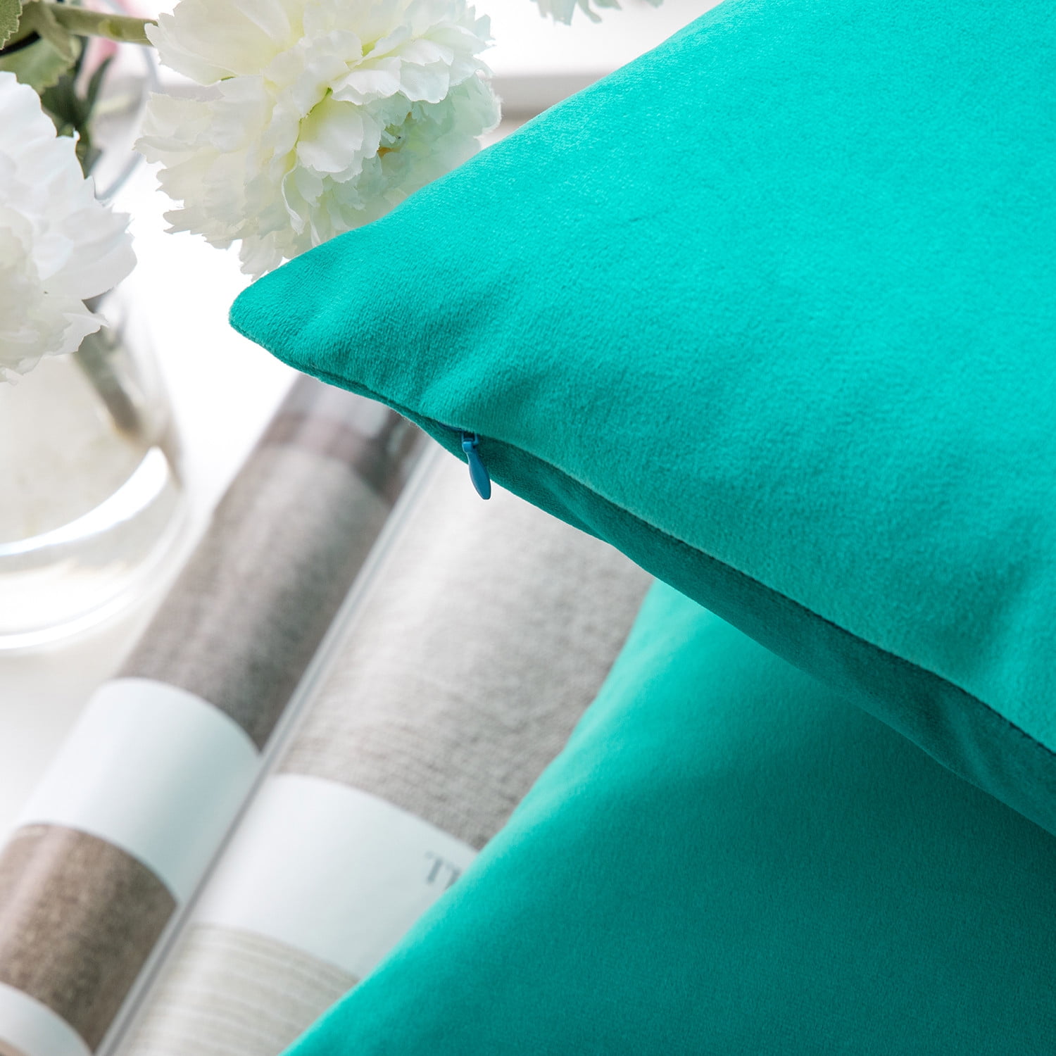 Phantoscope Soft Silky Velvet Series Square Decorative Throw Pillow Cusion for Couch, 20" x 20", Turquoise, 2 Pack