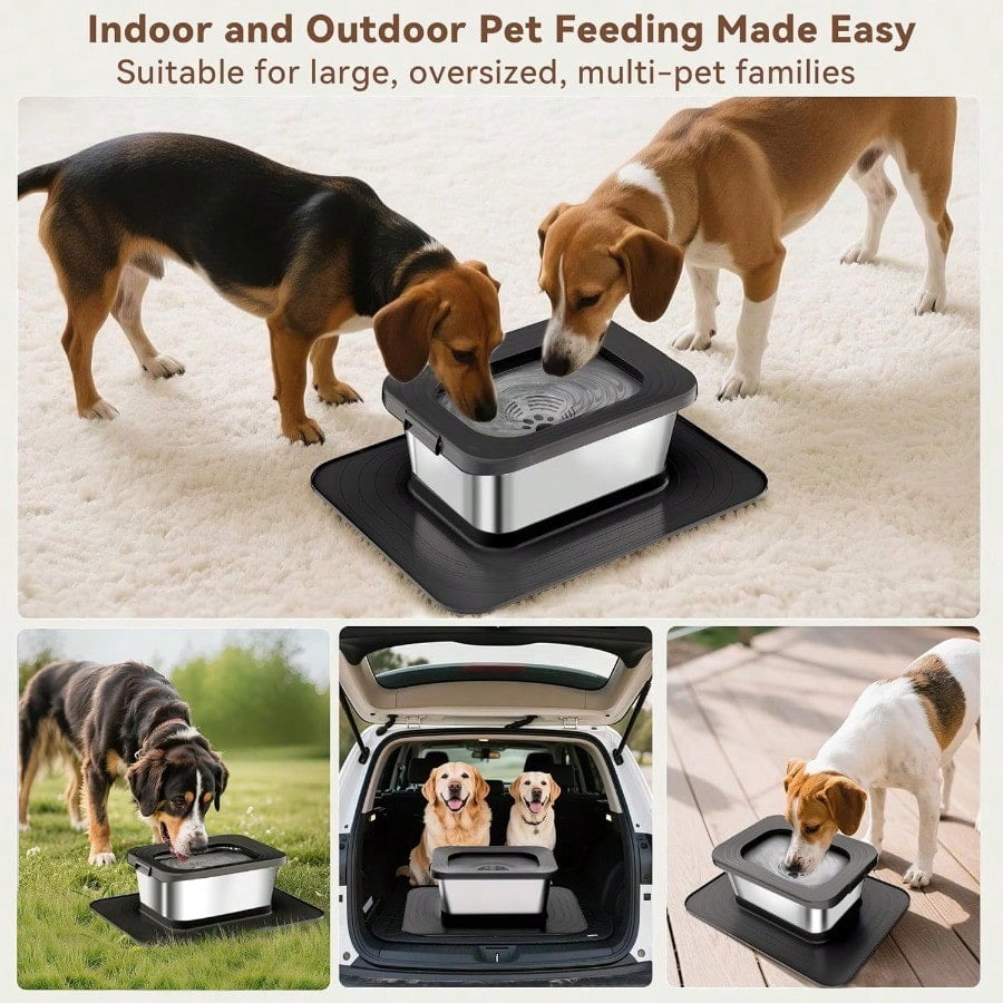 10L No Spill Dog Water Bowl 2.6 Gal Stainl Steel No Splash Large Dog Water Bowl with NonSlip Silicone Mat Sof Slow Drinking Pet Bowls for My Drinkers Indoor/Outdoor Use Black