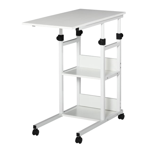 Bureau Debout Mobile à Hauteur Réglable - Table d'Appoint Blanche Roulante avec Rangement à 3 Niveaux pour Bureau à Domicile, Salon Ou Chambre - 31,5 Pouces L x 15,8 Pouces L